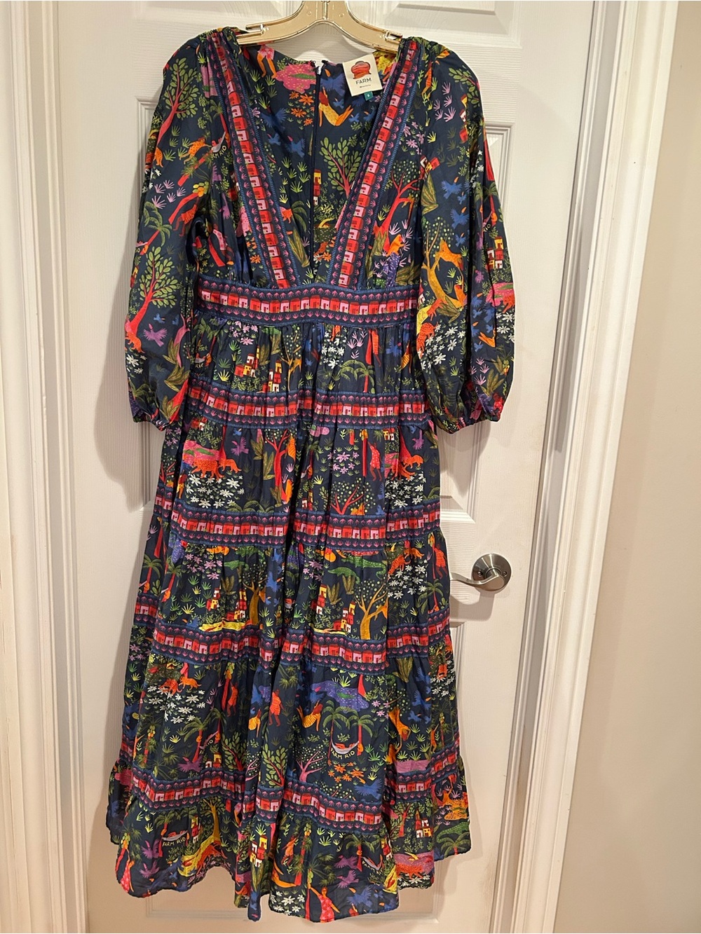 Farm Rio Bohemian Floral & Animal Print Tiered Dress 100% Cotton